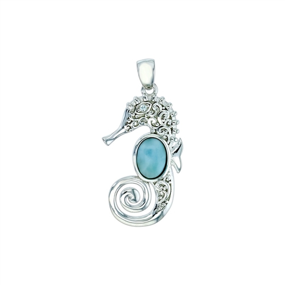 925 Sterling Silver Larimar Oval Shape Scroll Design Swirl Seahorse Pendant